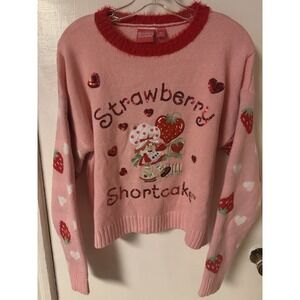 Strawberry Shortcake Women's Pink fuzzy collared Sweater w/Sequin Embellishments